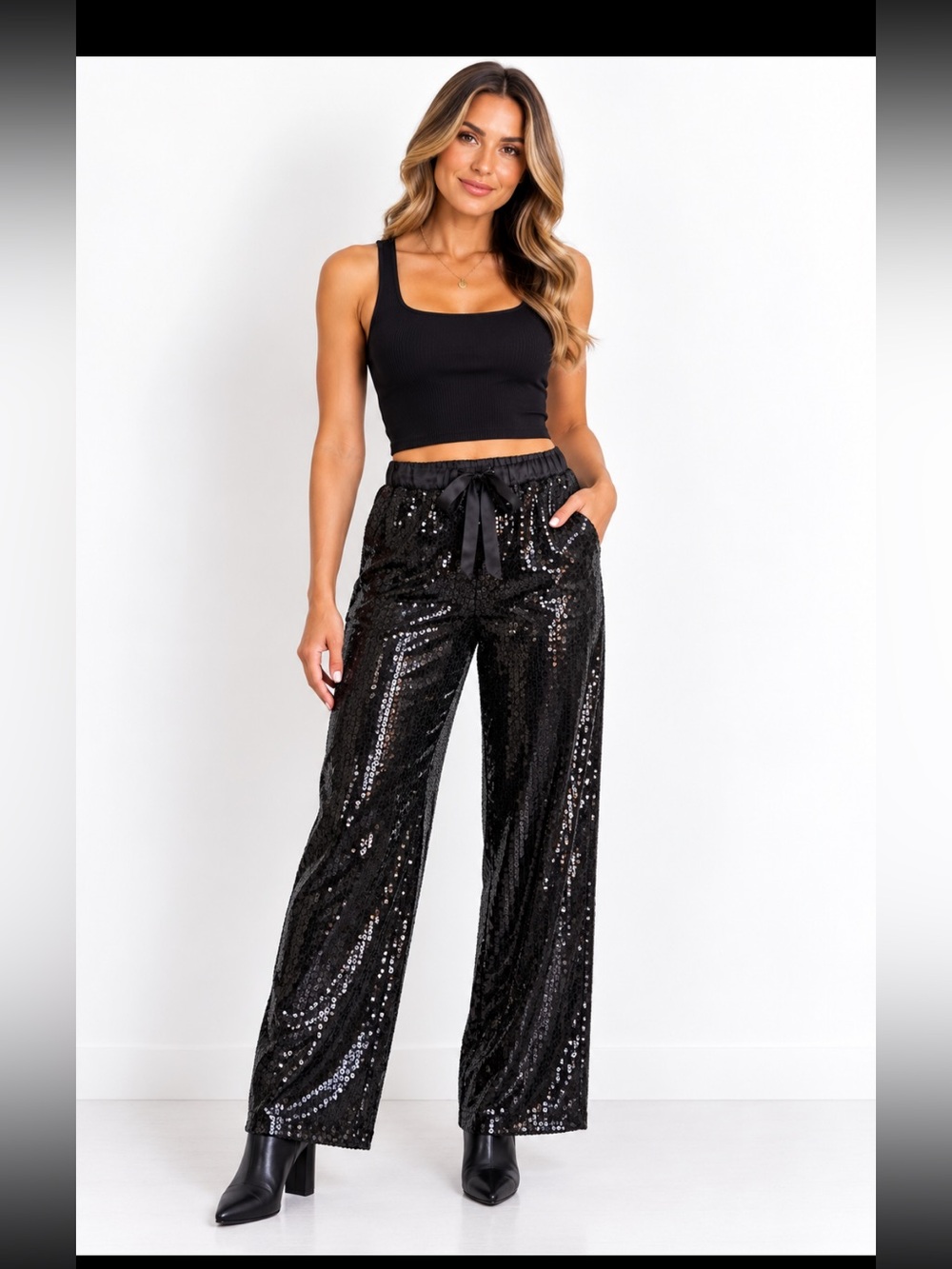 NWT Standard Surplus Black Sequin Wide Leg Pants Satin Waist Size L 🖤 31 inseam
